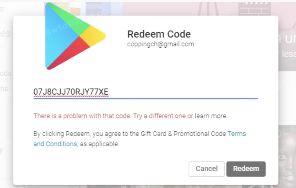Error Redeeming Google Play code How to solve the problem on mobile