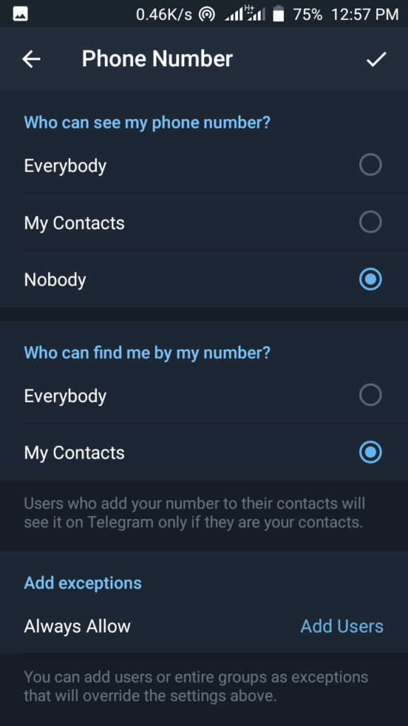 Telegram Phone number settings
