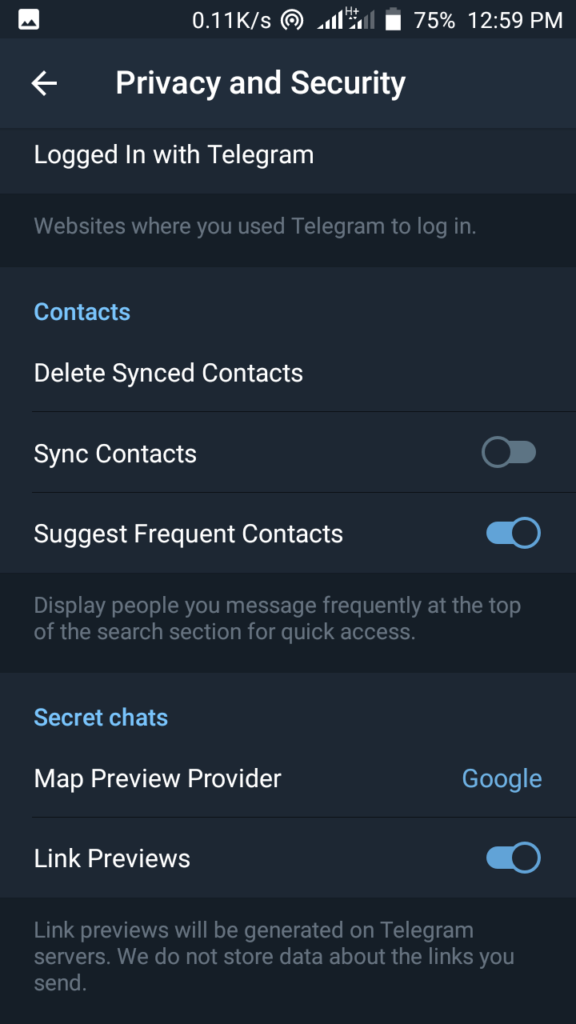 Telegram Sync Contacts settings