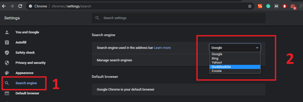 Set default search engine on chrome